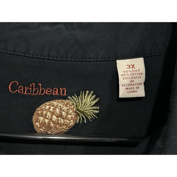 Caribbean Embroidered Cocktail Button Front Shirt Black Sz 3X Pineapple Tropical - Picture 6 of 10